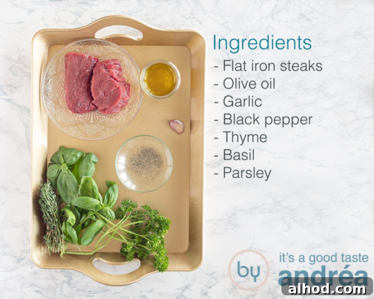 Green Herb Marinated Grilled Flat Iron Steak 3 A collection of fresh ingredients laid out, including flat iron steaks, fresh basil, thyme, parsley, garlic, and olive oil, for the green herb marinade.
