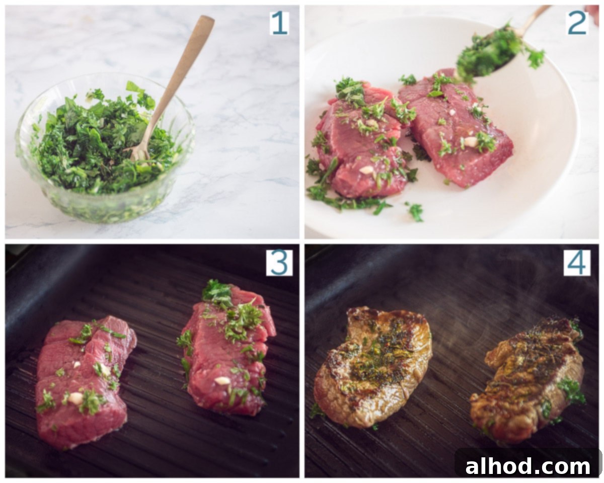 Green Herb Marinated Grilled Flat Iron Steak 4 A visual guide showing four stages of preparing grilled flat iron steaks with a green herb marinade, from marination to grilling.