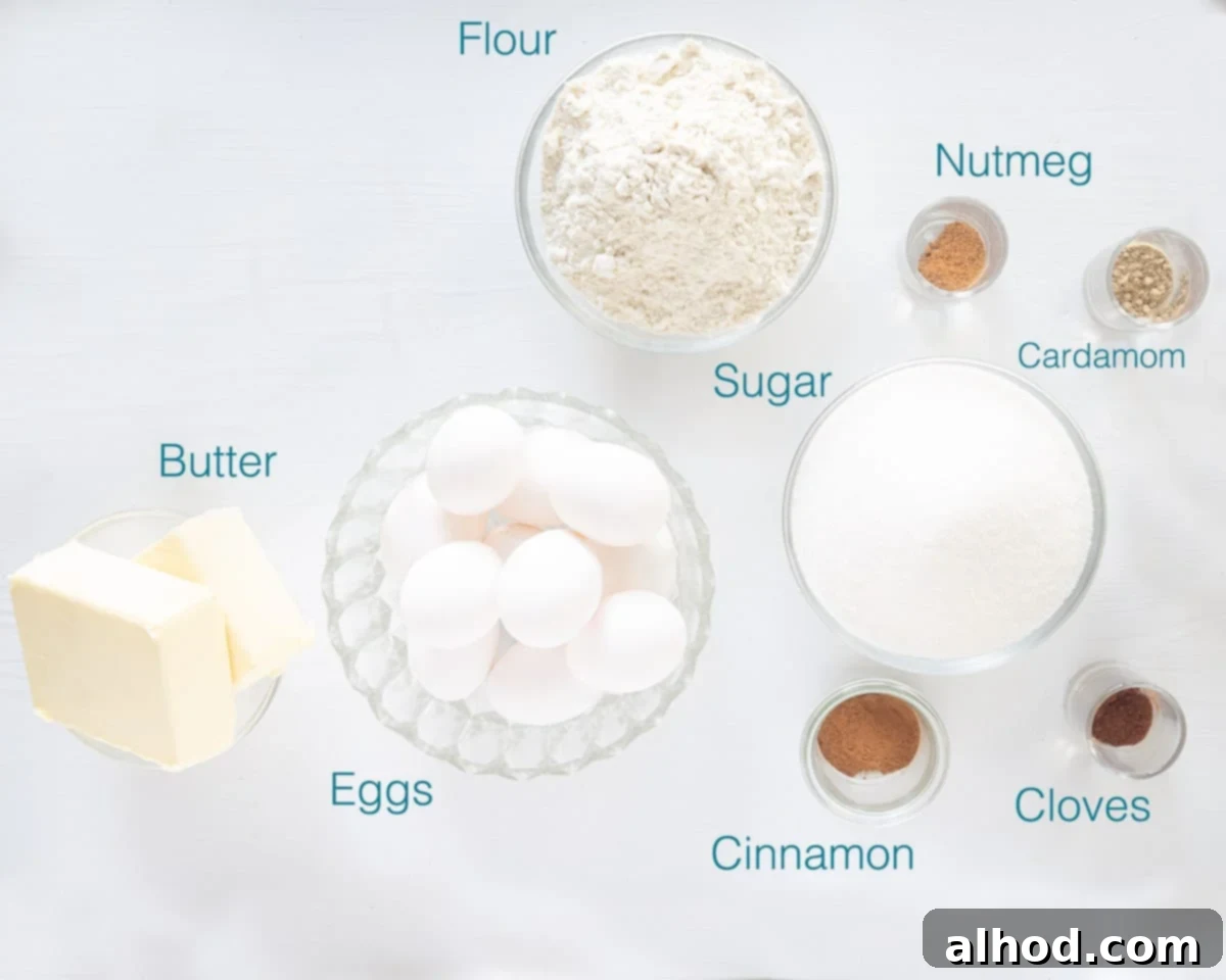 A collection of ingredients for Thousand Layers Cake, including butter, eggs, flour, and various spices, neatly arranged on a counter.