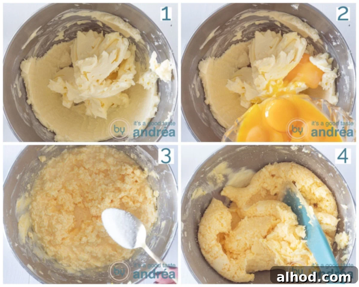 Three progressive images showing the preparation steps: 1. A bowl with softened butter ready for mixing. 2. Egg yolks being added to the butter mixture. 3. Sugar being spooned into the butter and egg yolk mixture, which is being mixed to a creamy consistency.