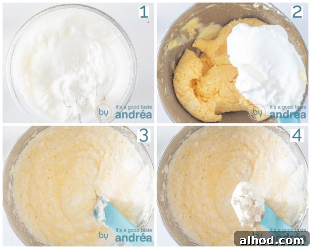 Three progressive images showing batter preparation: 1. A bowl of stiffly beaten egg whites. 2. A portion of beaten egg whites being gently folded into the butter-yolk batter. 3. Flour being added scoop by scoop to the combined batter and folded in.