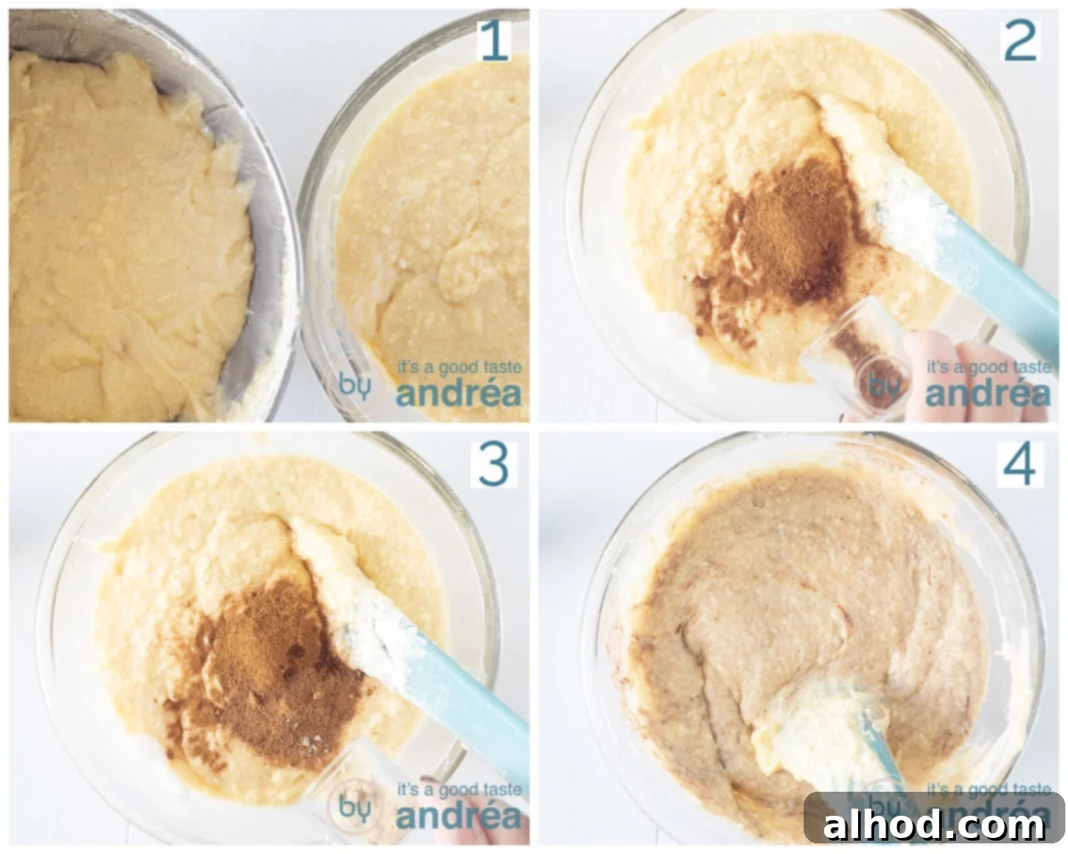 Two bowls of batter side-by-side, with spices being added to one bowl and mixed, creating a distinct color difference between the natural and spiced batters.