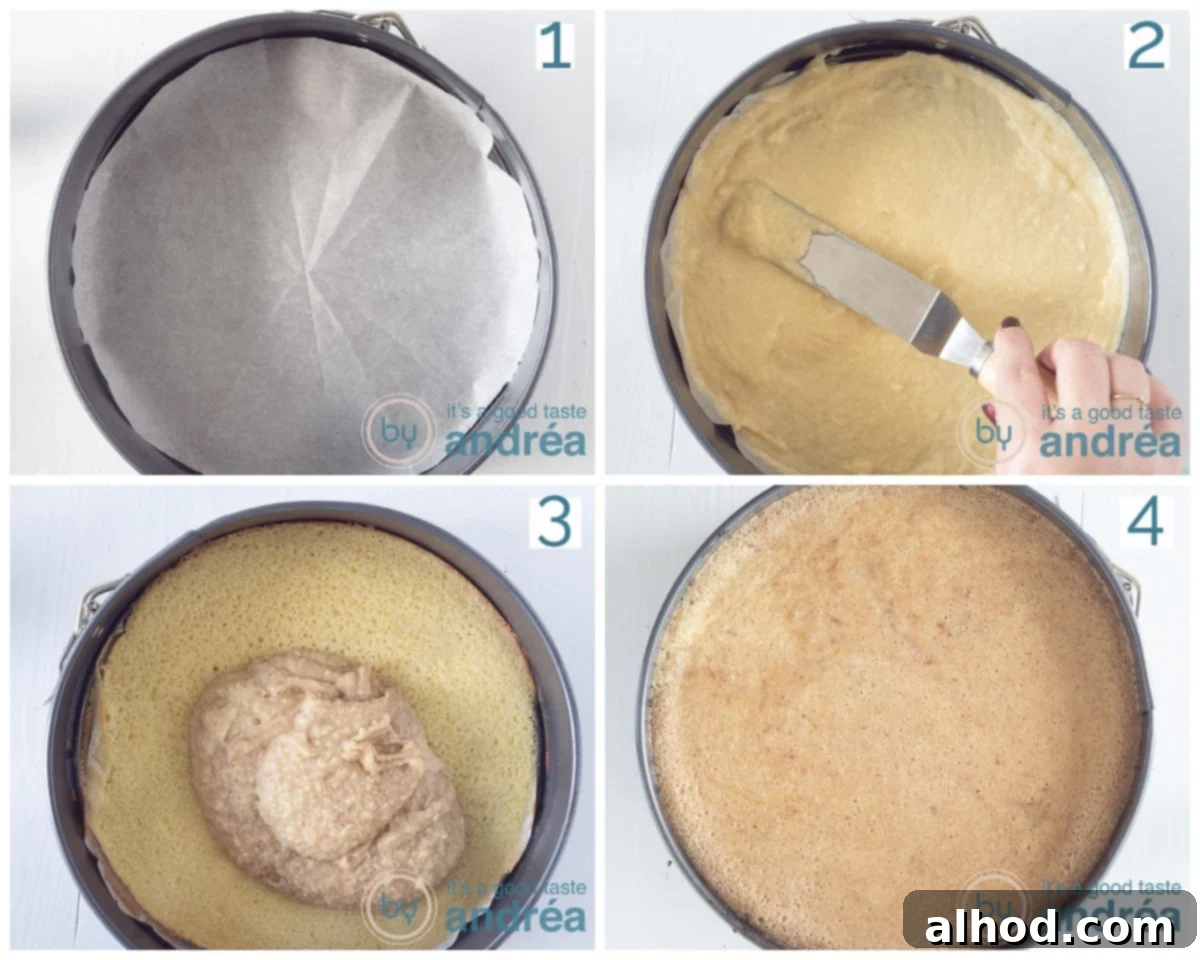 A series of four images showing a springform pan gradually being filled with alternating layers of natural and spiced batter, building up the Thousand Layers Cake.