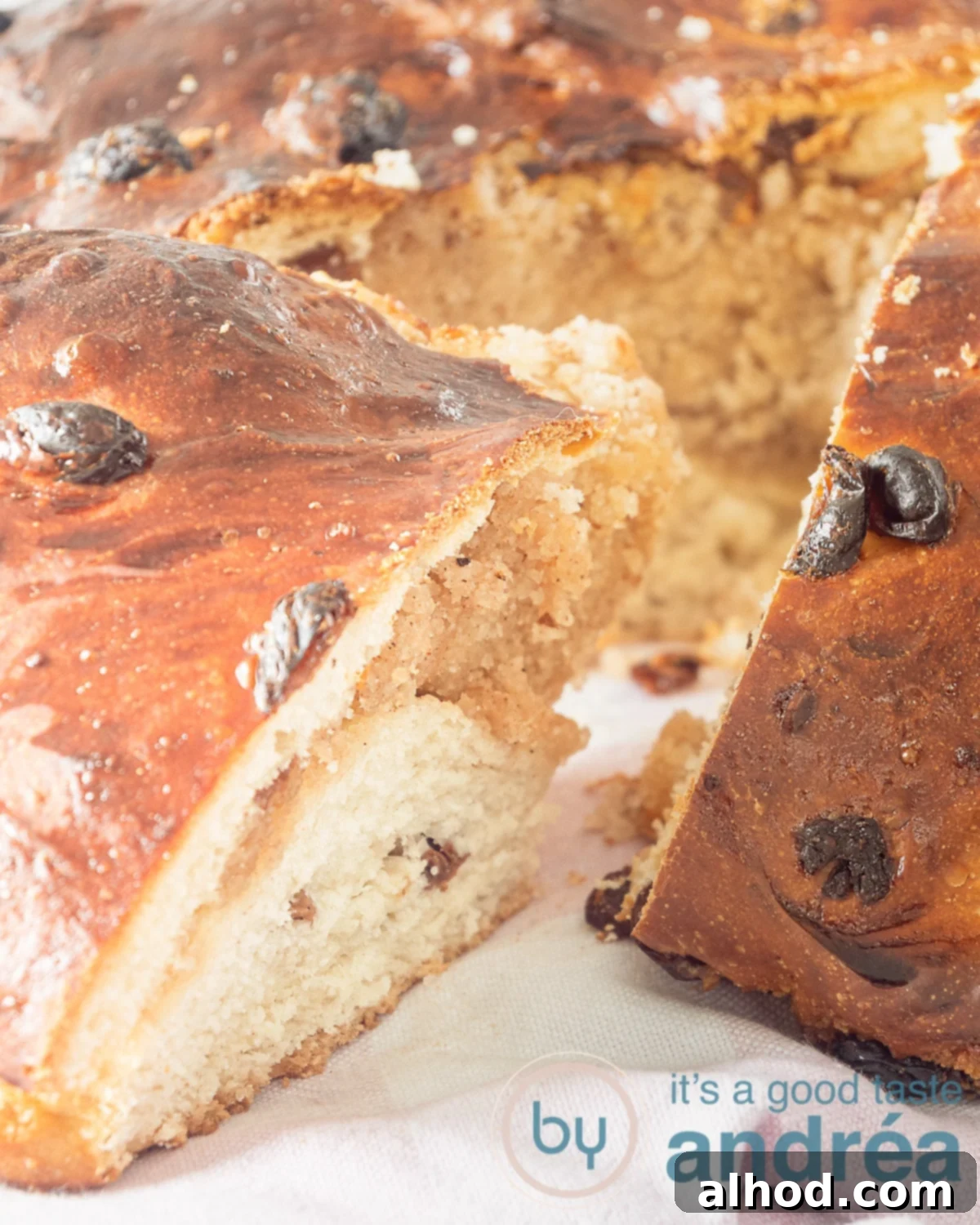 Dutch Brabant Sweet Bread 7 A piece of Brabant brother cut from the bread. The raisins and almond paste filling are clearly visible.