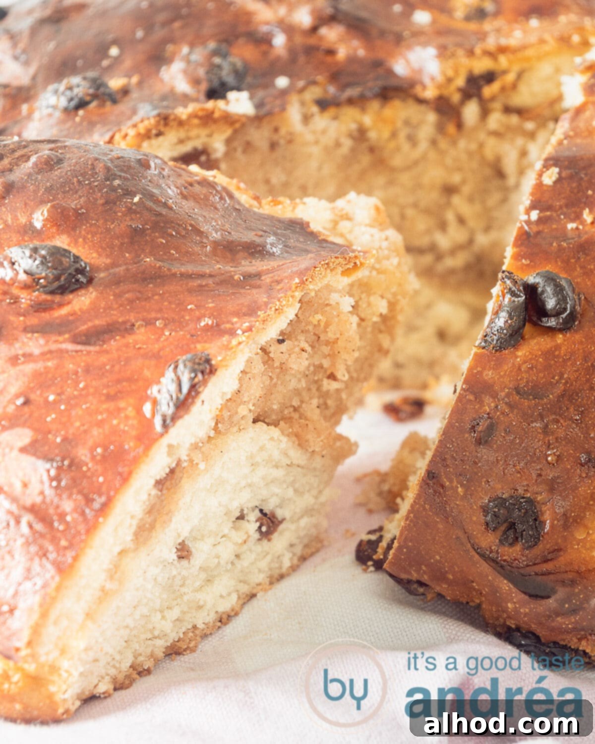 Dutch Brabant Sweet Bread 6 A piece of Brabant brother cut from the bread. The raisins and almond paste filling are clearly visible.