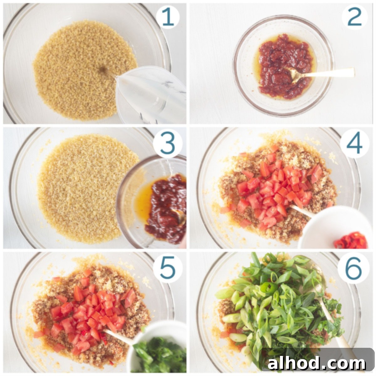 The Essential Turkish Kisir A Flavorful Bulgur Salad 4 Six step-by-step photos illustrating the preparation of Kisir salad on a clean white background.