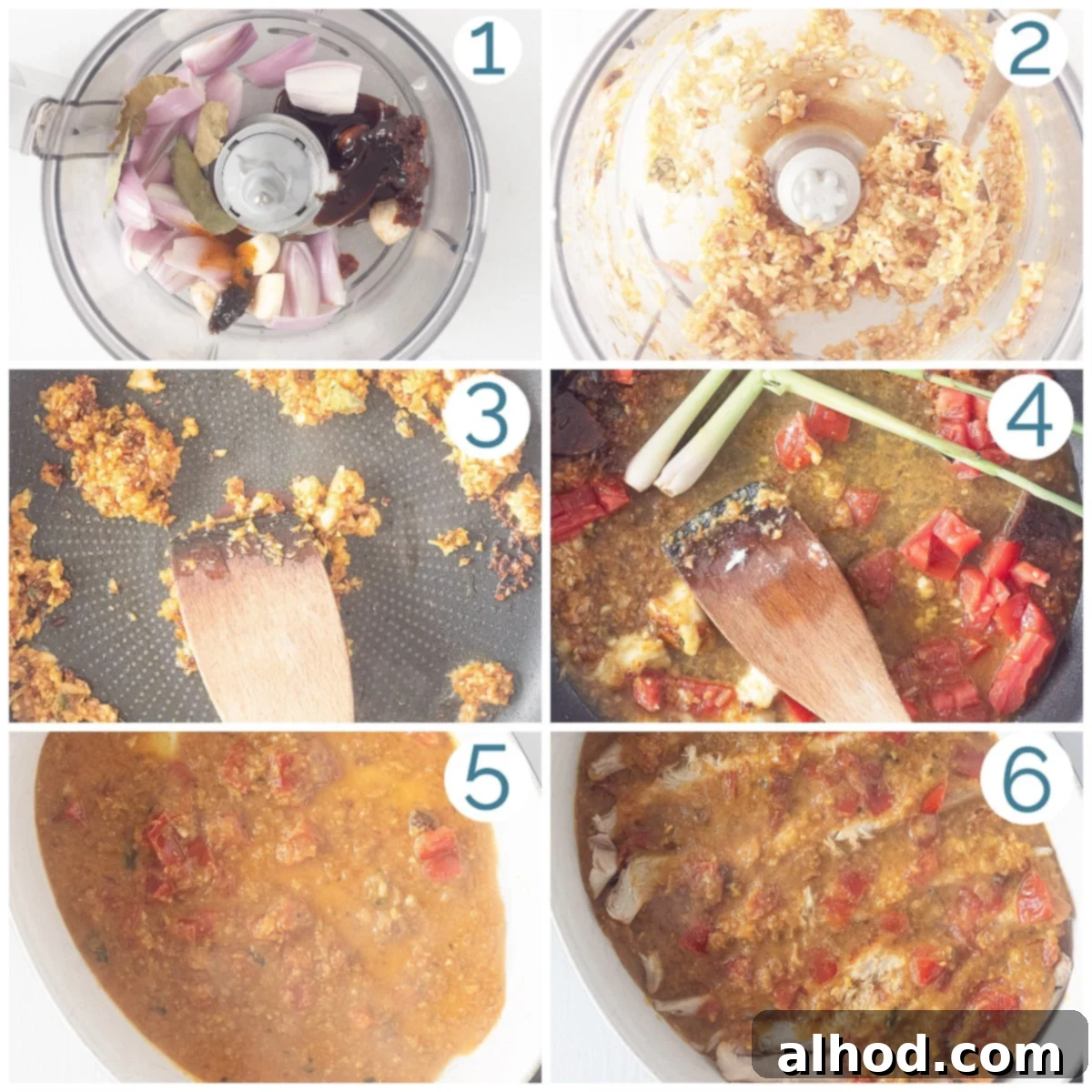 Pepesan Ikan Fiery Indonesian Mackerel 4 A step-by-step photographic guide showing the preparation of Pepesan Ikan, from grinding spices to mixing with mackerel in a baking dish.
