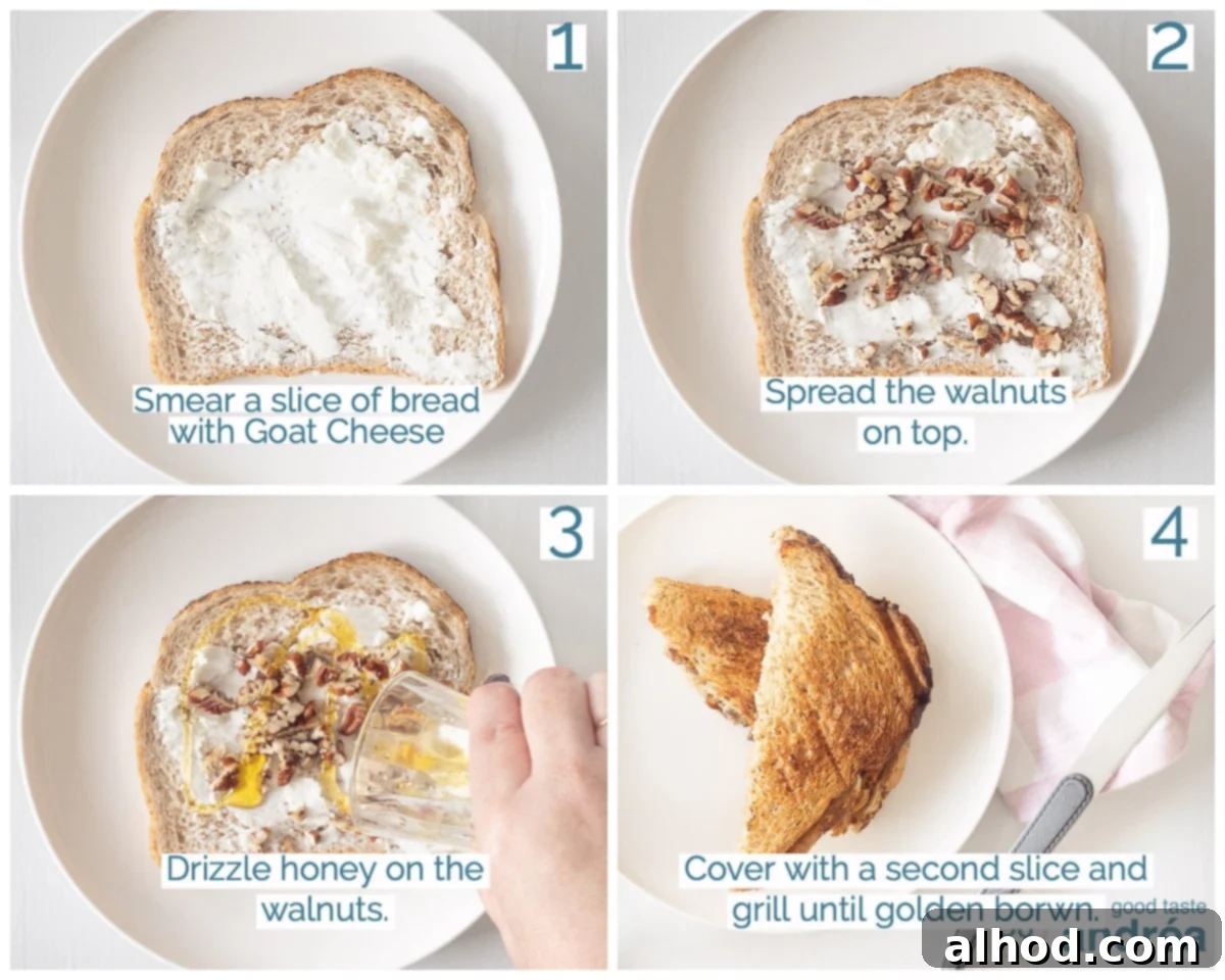 Honeyed Pecan Goat Cheese Melt 4 A photo collage consisting of four photos showing how to make a goat cheese sandwich with honey and walnuts