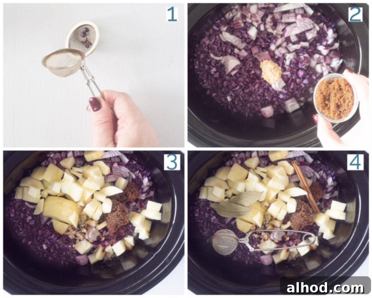 Sweet and Sour German Red Cabbage 4 Four sequential photos demonstrating the preparation of red cabbage in a slow cooker, from combining ingredients to the final cooked dish.