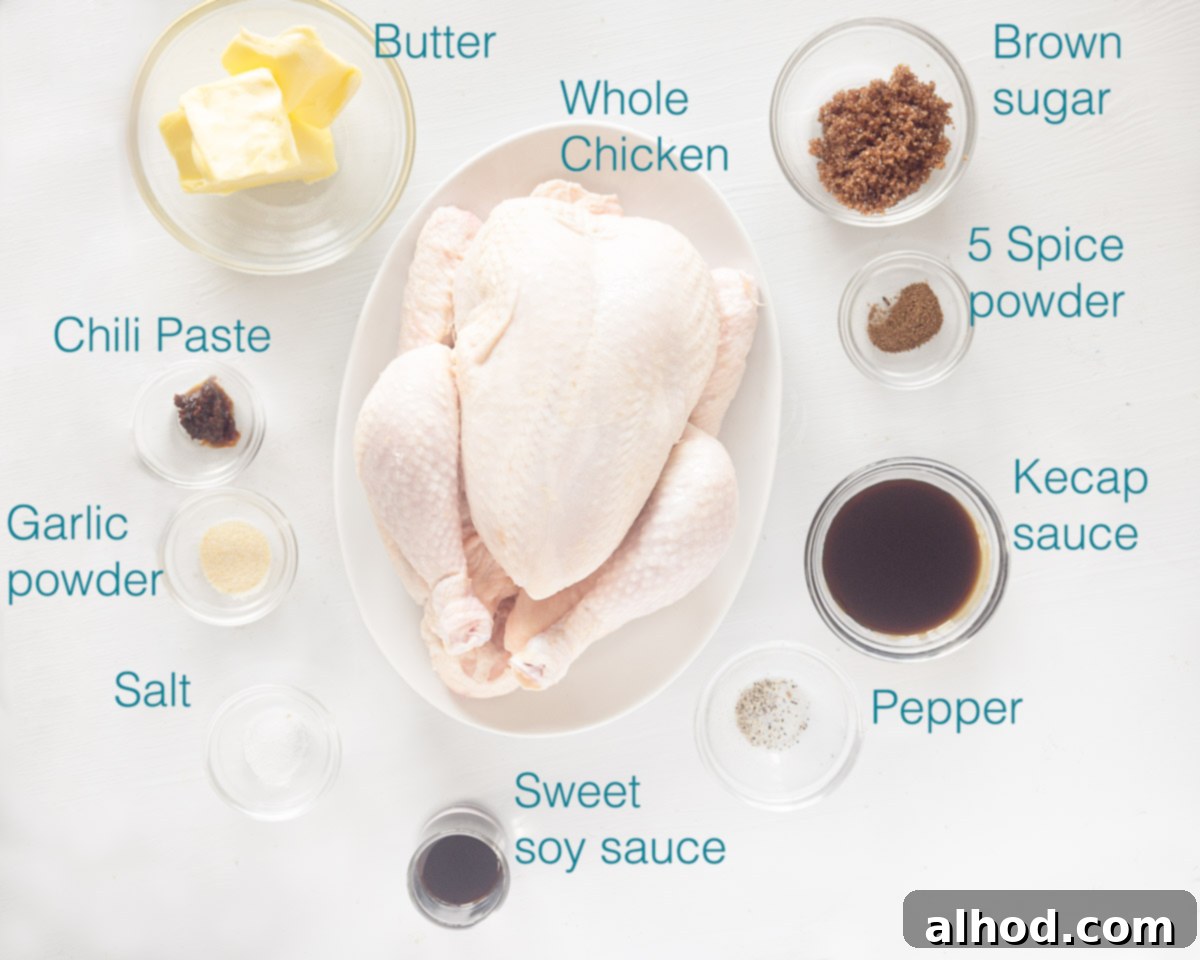Easy Sticky Soy Sauce Chicken 3 A flat lay image of various ingredients for Soy Sauce Chicken Recipe, including butter, soy sauce bottles, spices, and a whole chicken, arranged on a white background.
