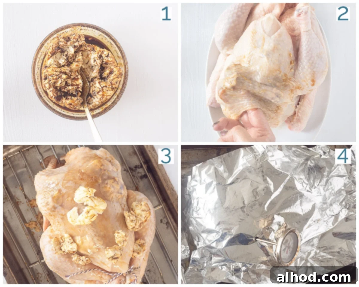 Easy Sticky Soy Sauce Chicken 4 A four-step visual guide showing the preparation of a whole soy sauce chicken in the oven, from marinating to roasting.