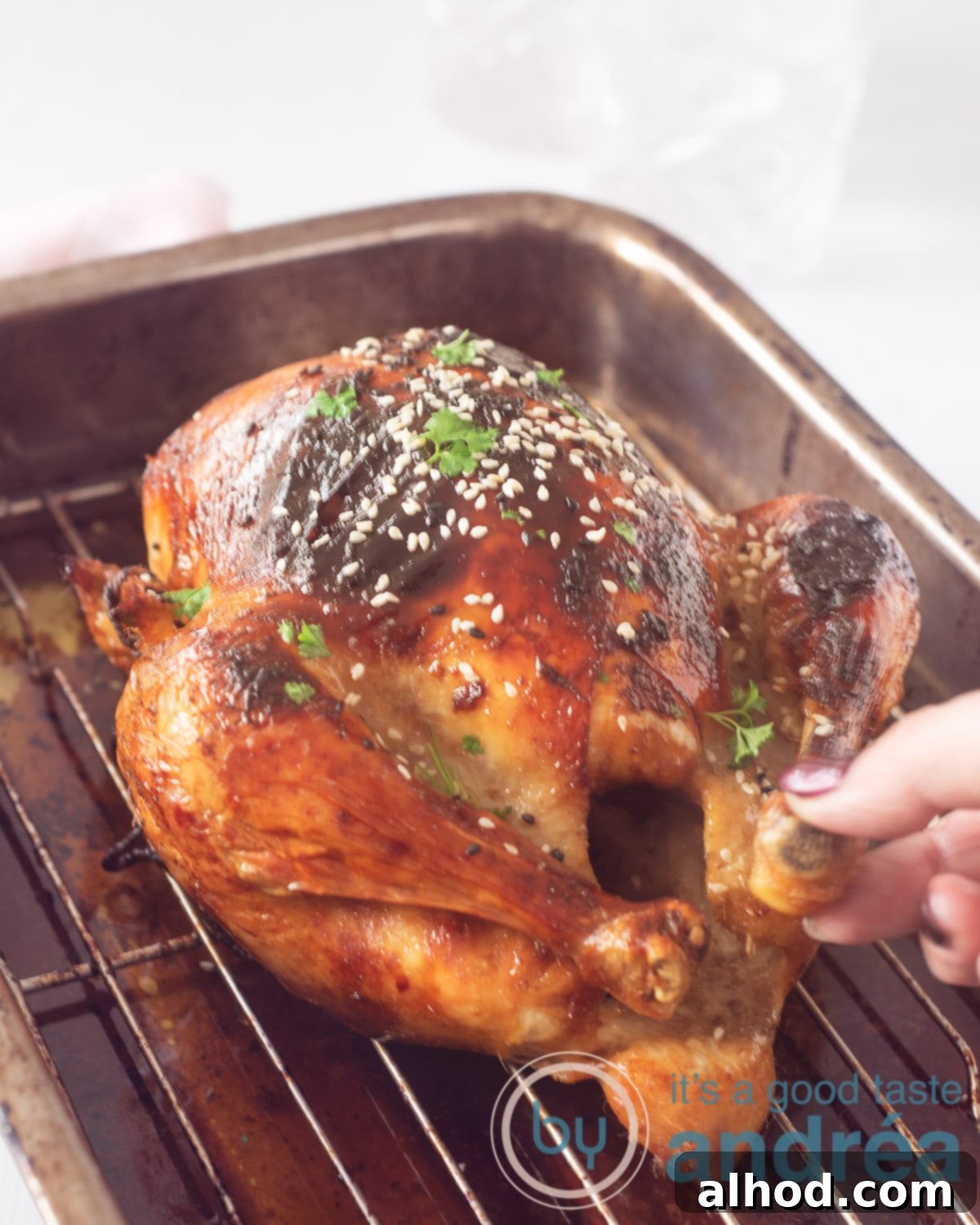 Easy Sticky Soy Sauce Chicken 5 A baking tin with a wire rack holding a finished, cooked soy sauce chicken, adorned with sesame seeds and parsley, placed on a clean white background. A hand holds a chicken leg, showing its crispy texture.