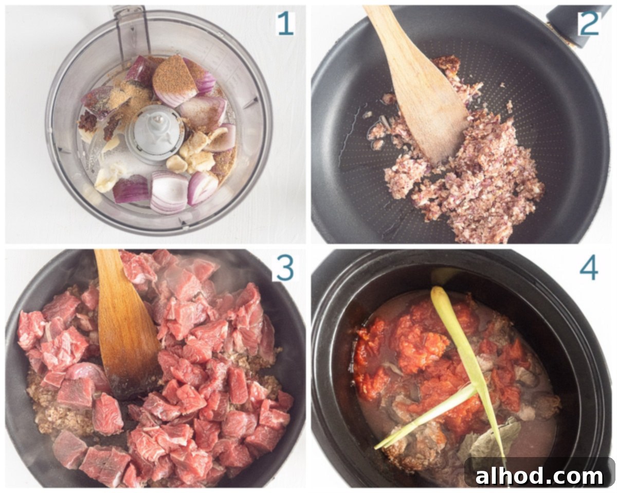 Sweet & Savory Slow-Simmered Beef 4 A step-by-step visual guide showing 4 photos of the preparation of Daging Smoor in the slow cooker, from browning the beef to the finished dish.