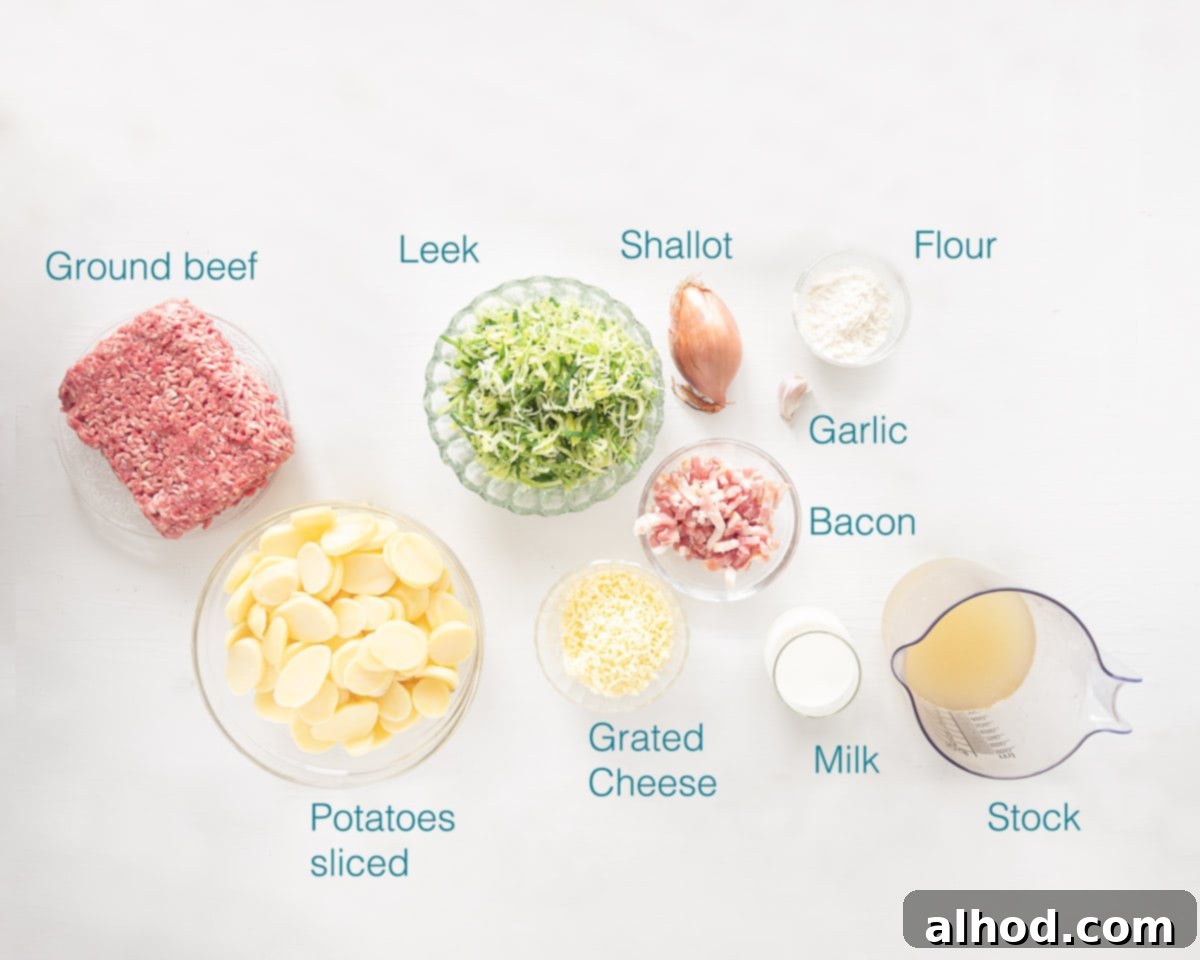 Creamy Dutch Potato and Ground Beef Casserole 3 Ingredients oven dish potato different with minced meat on a white background