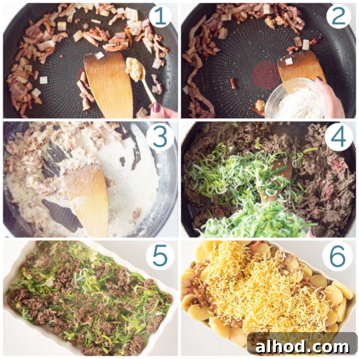 Creamy Dutch Potato and Ground Beef Casserole 4 A collage of six photos showing the preparation steps of Dutch Cream Potato Casserole with Ground Beef