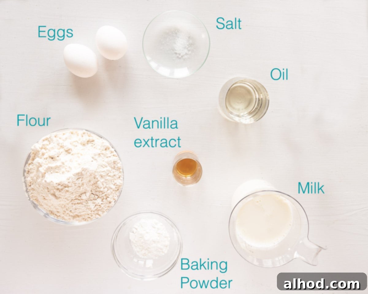 Authentic Dutch Wafels 3 A beautifully arranged flat lay of essential ingredients for Old-fashioned Dutch waffles, including flour, eggs, milk, sugar, baking powder, salt, and vanilla extract, all on a clean white background, ready for baking.