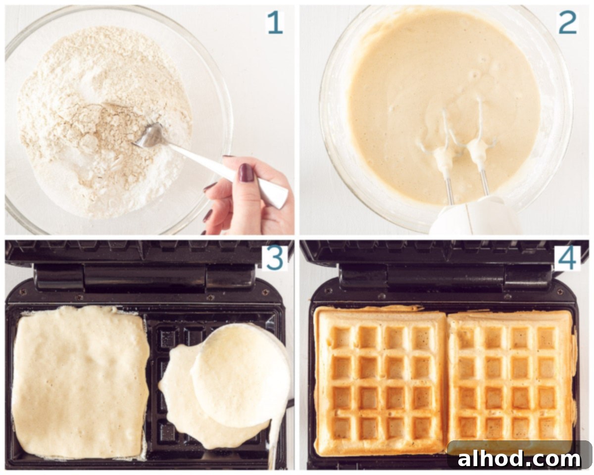 Authentic Dutch Wafels 4 A collage of four step-by-step photos illustrating the preparation of the waffle batter and the baking process in a waffle iron, showcasing the journey from raw ingredients to golden waffles.