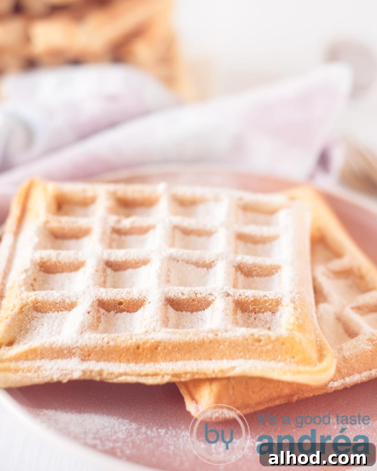 Authentic Dutch Wafels 5 A charming pink plate holding two golden-brown Dutch waffles, generously sprinkled with powdered sugar, set against a cozy pink and white checkered tea towel in the background, ready to be enjoyed.