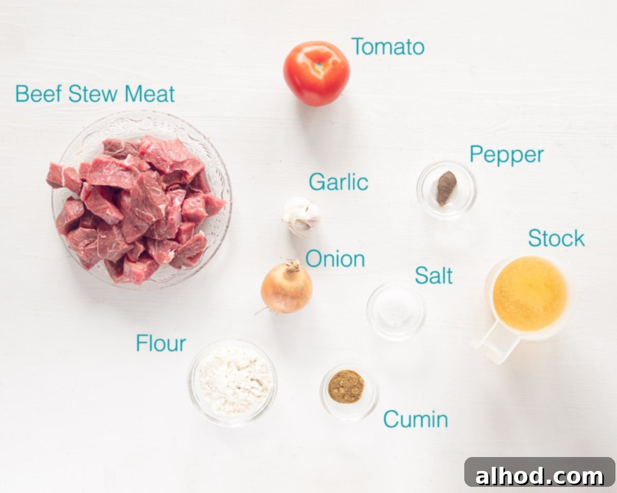 Savory Slow Cooker Mexican Carne Guisada 3 A flat lay image displaying the key ingredients for Crock Pot Carne Guisada, including chuck roast cubes, onions, garlic cloves, cumin, fresh tomatoes, flour, and broth.