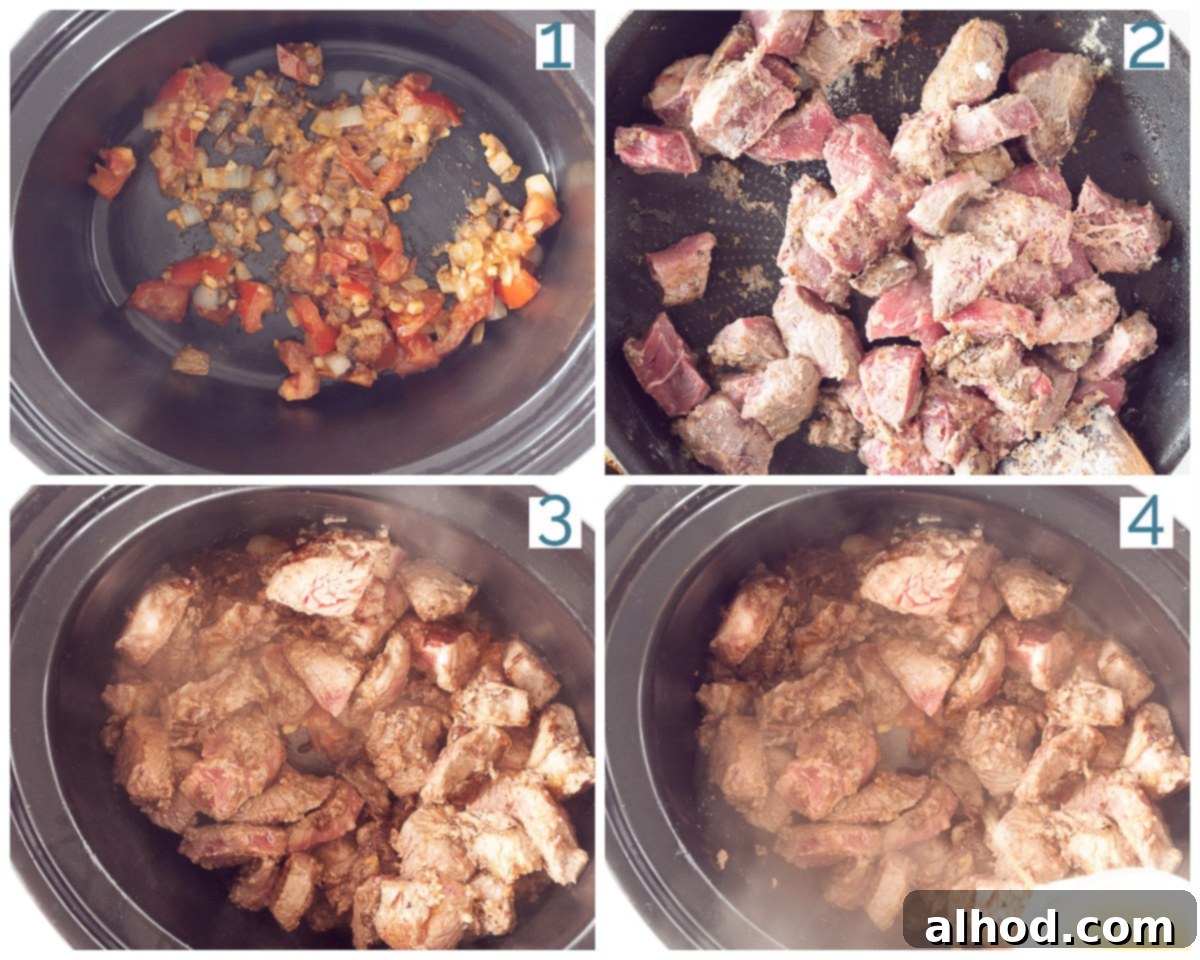 Savory Slow Cooker Mexican Carne Guisada 4 Four photo steps showing the preparation of Carne Guisada in a slow cooker, from browning ingredients to the final simmering.