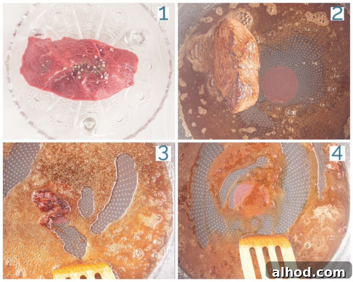 A step-by-step visual guide illustrating the preparation of Loetje's Beef Bali. Four distinct frames show the process of seasoning the steak, frying it in margarine, allowing it to rest in foil, and finally, making the iconic sambal gravy.
