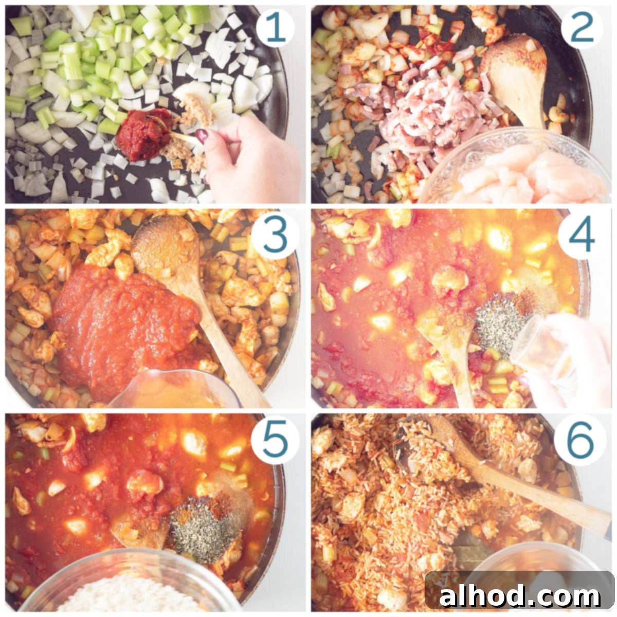Classic Chicken, Shrimp, and Sausage Jambalaya Recipe 4 Preparation Jambalaya with Shrimp and Chicken in 6 photos, showing the cooking process in a large pan.