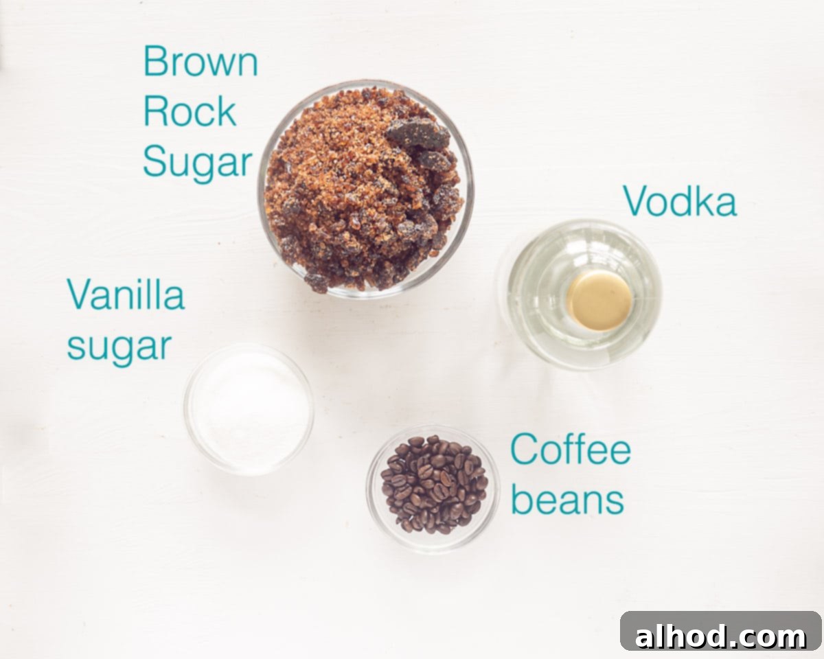 Ingredients homemade Tia Maria Copycat Coffee liqueur on a white background. Text overlay describing the ingredients
