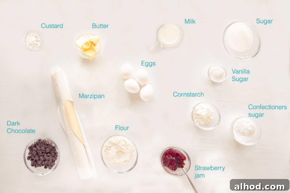 Mergpijpjes Beloved Dutch Marzipan Treats 3 A flat lay image showing ingredients for Dutch Mergpijpjes with cream on a white background with descriptive text, highlighting fresh, quality components.