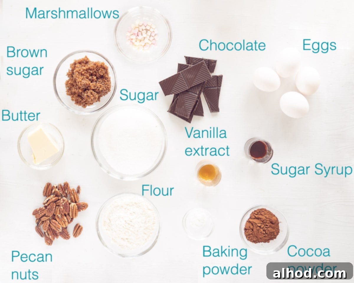 Mississippi Mud Pecan Fudge Brownies 3 Missisipi Mud Brownies ingredients on a white background with text overlay