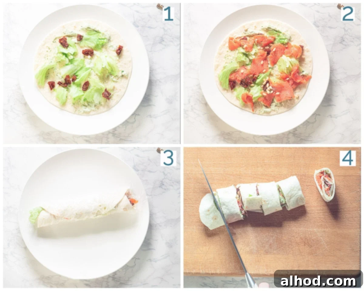 10-Minute Smoked Salmon Pinwheels 4 A four-step visual guide showing the preparation process for 10-minute smoked salmon roll ups: spreading cream cheese, adding ingredients, rolling tightly, and slicing.