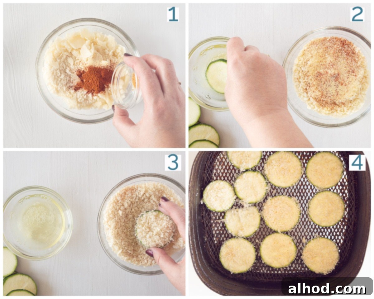 Crispy Air Fryer Parmesan Zucchini Chips 4 A four-panel collage showing the step-by-step preparation of Zucchini Chips with Parmesan Cheese in an Air Fryer, from seasoning to coating to grilling until crispy, clearly illustrating the ease of the recipe.