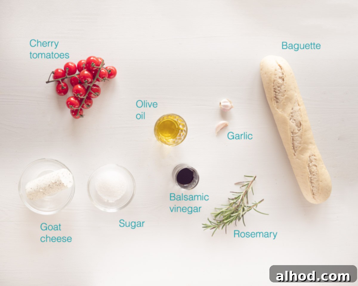 Creamy Goat Cheese and Roasted Tomato Bruschetta 3 Ingredients for Roasted Tomato Bruschetta with Goat Cheese displayed on a white background with descriptive text.