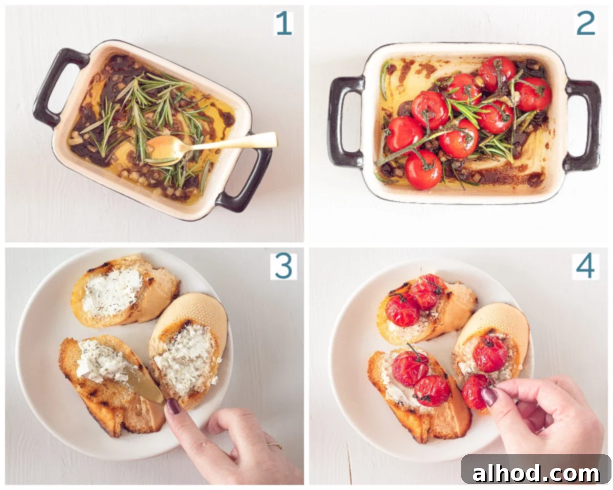 Creamy Goat Cheese and Roasted Tomato Bruschetta 4 Four-step preparation guide for Bruschetta with goat cheese and tomato.