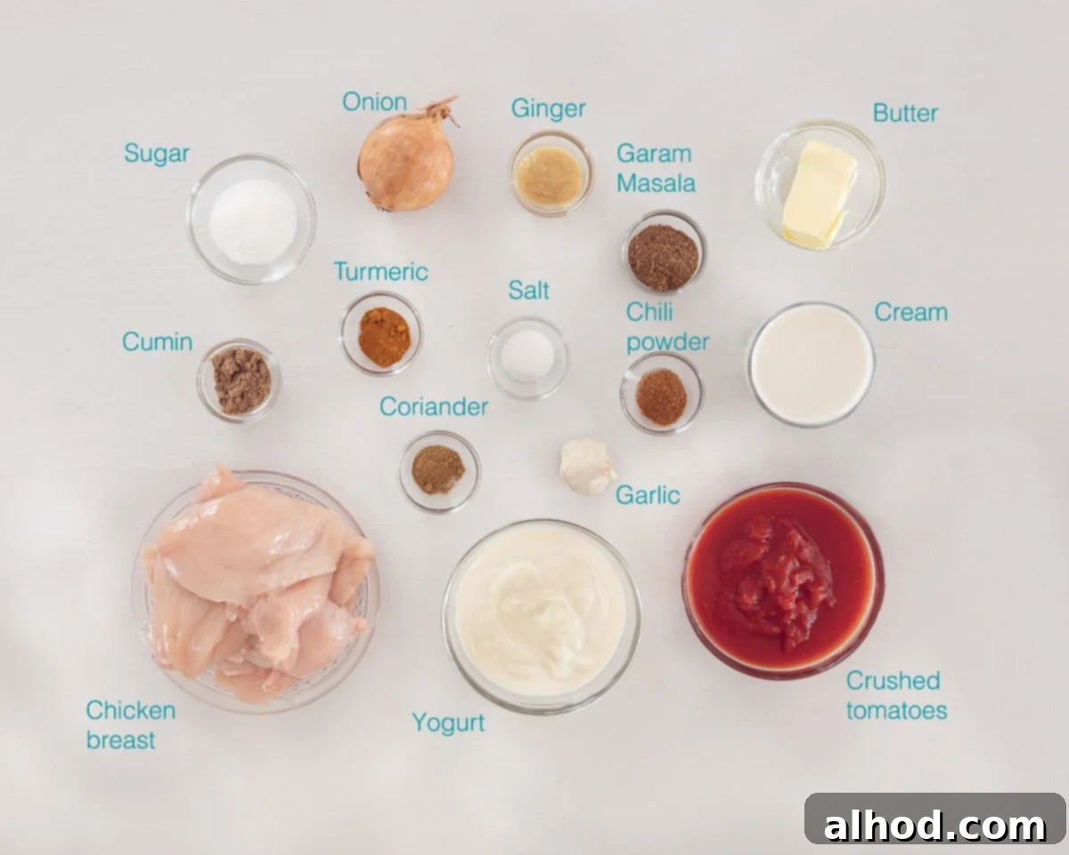 Effortless Slow Cooker Butter Chicken 3 Ingredients for Slow Cooker Indian Butter Chicken Murgh Makhani laid out on a white background with descriptive text