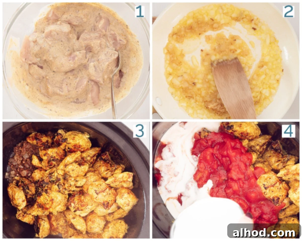Effortless Slow Cooker Butter Chicken 4 Detailed preparation steps for making butter chicken Murgh Makhani in a Slow cooker, shown in 4 illustrative photos.
