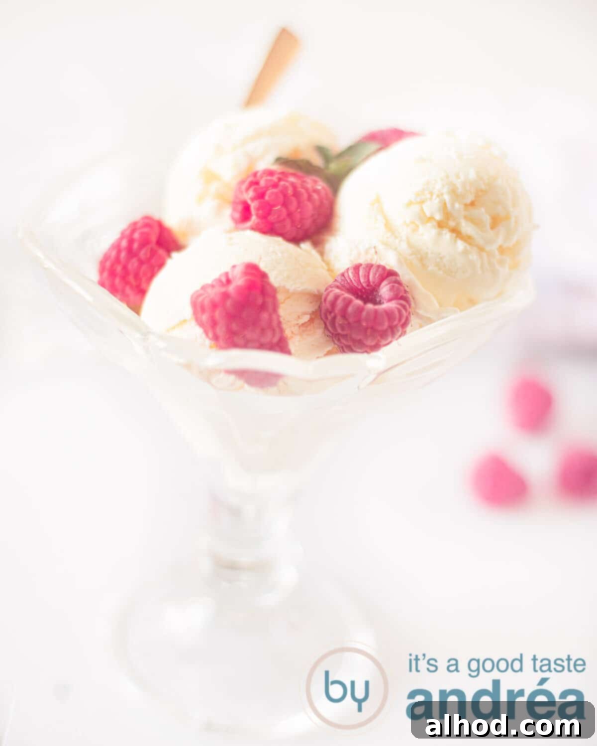 Gourmet Asparagus Ice Cream 5 Height photo coupe with asparagus ice cream, raspberries on a white background
