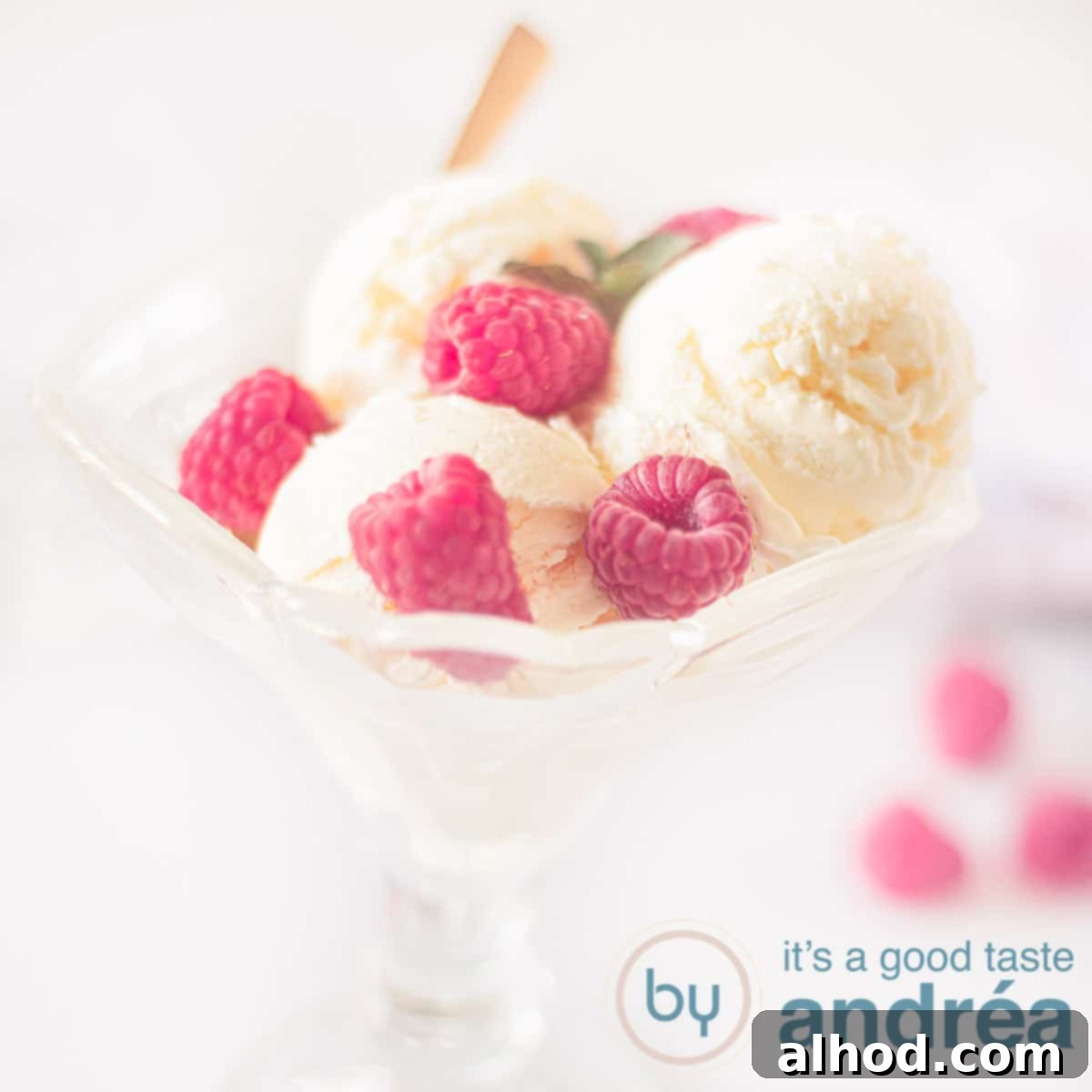 Gourmet Asparagus Ice Cream 6 A square shot with part of a coupe, ice cream of asparagus, raspberries and a mint leaf against a white background