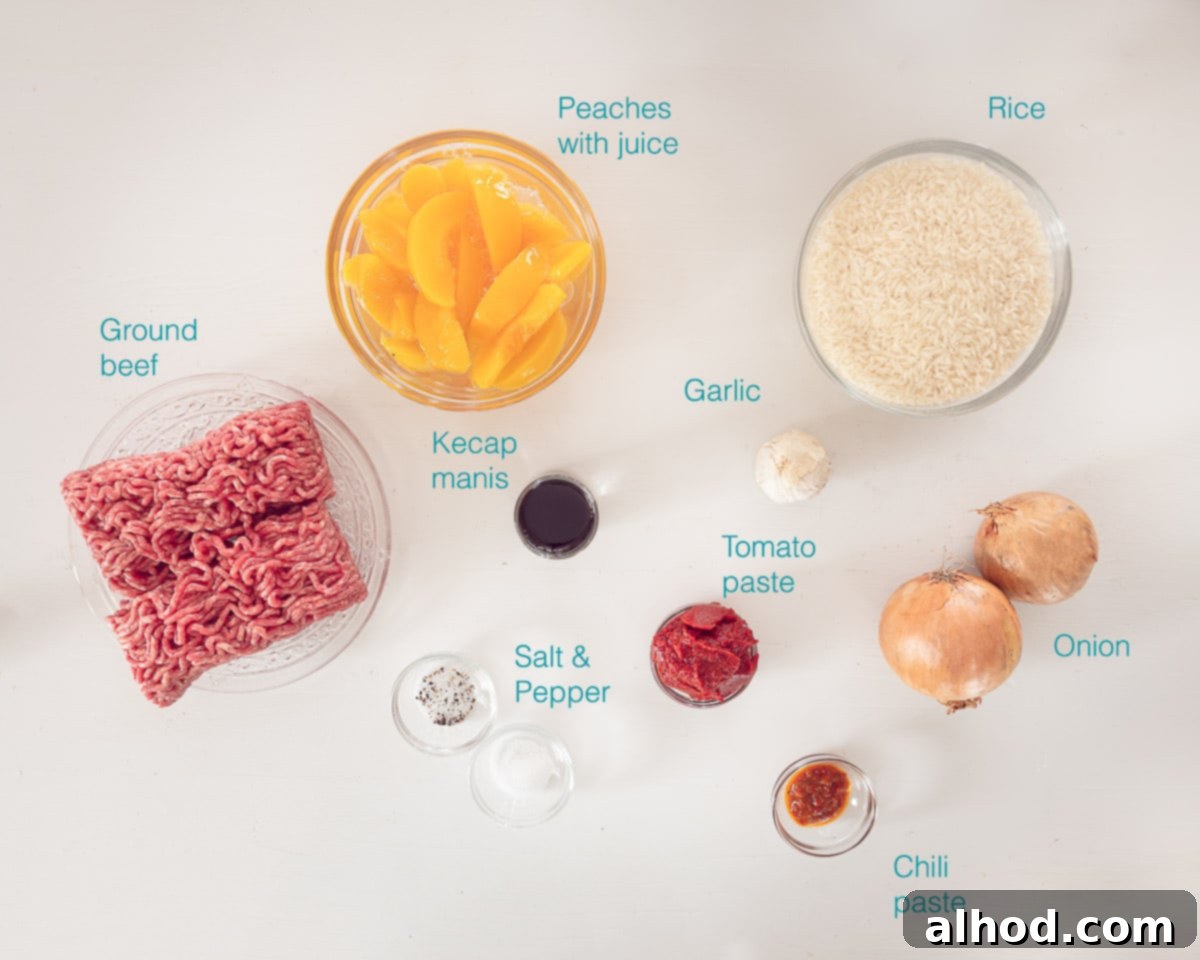 Sweet and Savory Beef Peach Pilaf 3 Ingredients pilaf with ground beef with a white background and a text description