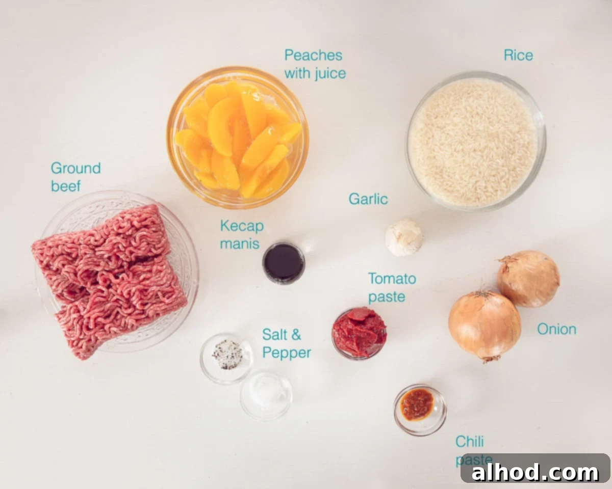 Sweet & Savory Beef and Peach Pilaf 3 Ingredients pilaf with ground beef with a white background and a text description