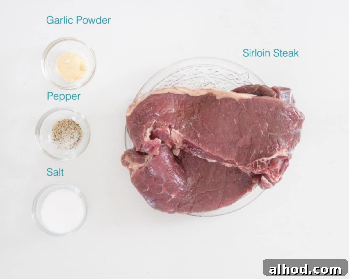 Effortless Air Fryer Sirloin Perfection 3 Display of individual ingredients needed for dry-brined sirloin steak, including raw sirloin, salt, pepper, and garlic powder.