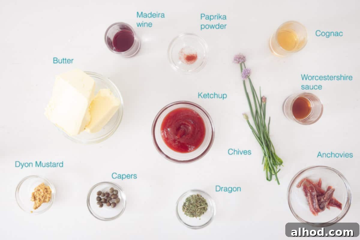 Effortless Air Fryer Sirloin Perfection 4 Assortment of individually labeled ingredients for homemade Café de Paris butter, including butter, herbs, sauces, and spices.