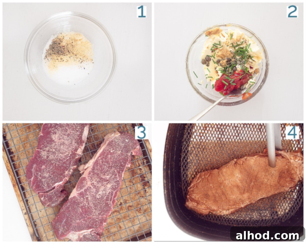 Effortless Air Fryer Sirloin Perfection 5 A 4-step photographic collage demonstrating the process of preparing sirloin steak for the air fryer, from seasoning to resting.