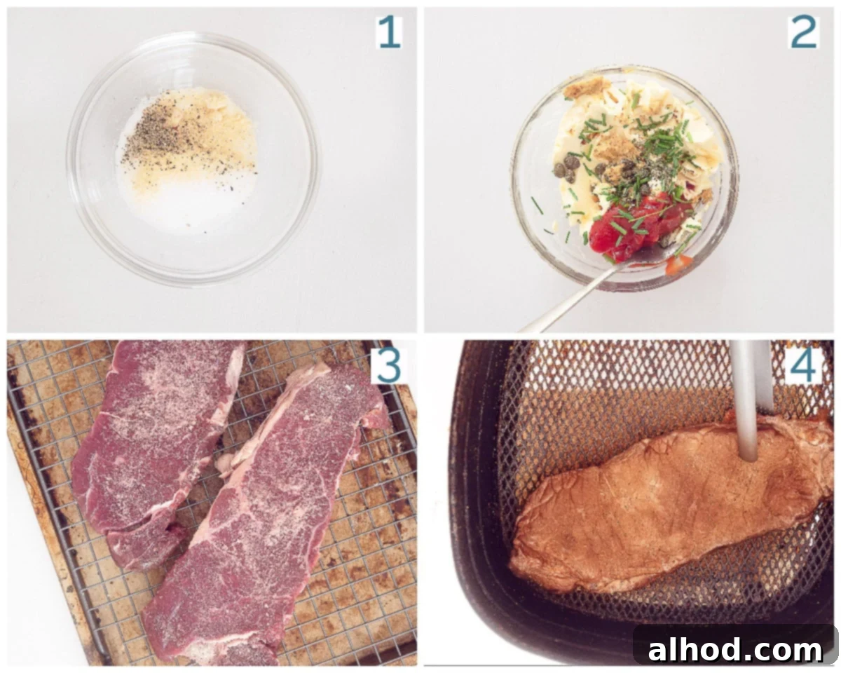 Effortless Air Fryer Sirloin Steak 5 Inidvidually 4-step collage showing how to prepare air fryer sirloin steak