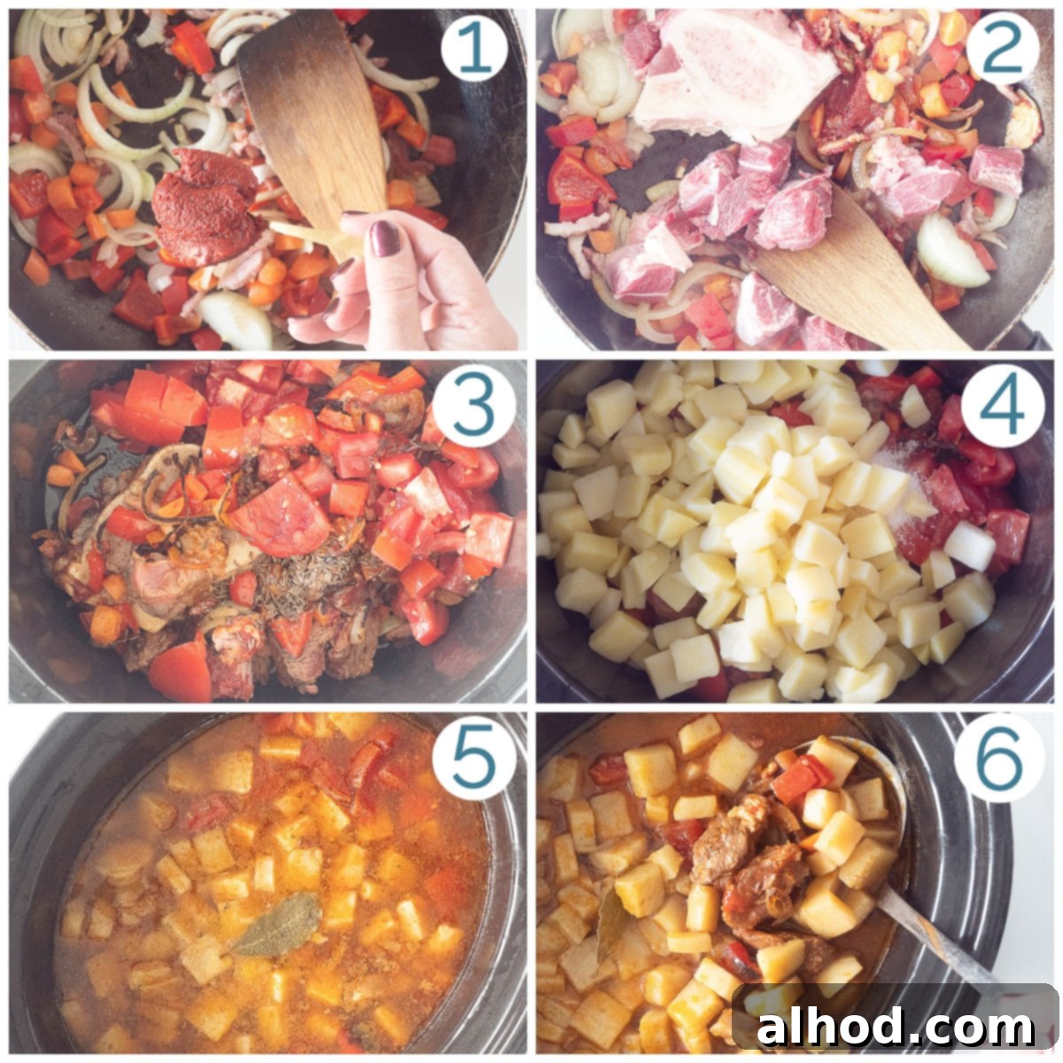 Hearty Slow Cooker Beef Goulash Soup 4 Individually labeled 6-step collage showing how to make crock-pot Goulash Soup