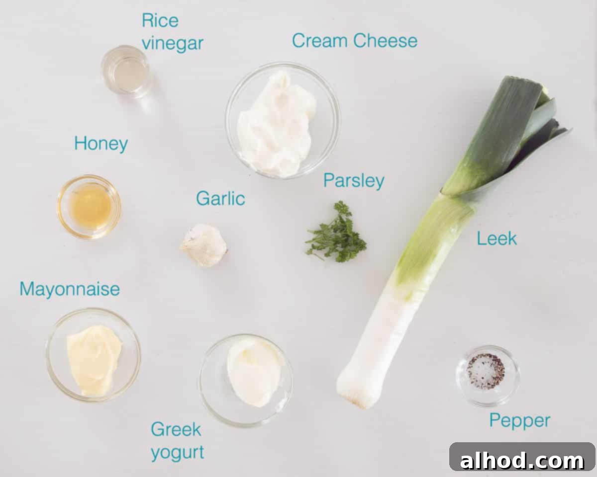Dutch Farmhouse Leek Dip 3 Individually labeled ingredients to make Leek cream cheese dip spread on a white background