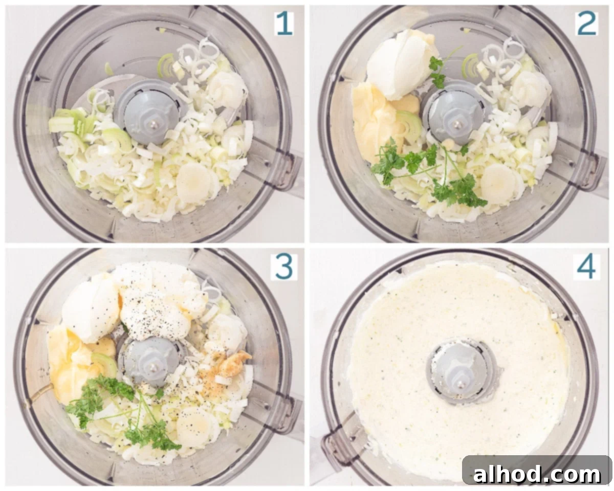 Dutch Farmhouse Leek Dip 4 4 step collage showing how to make witch's cheese