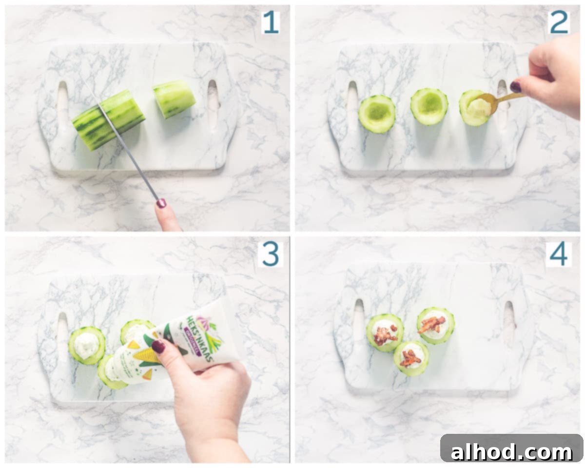 Crisp Cucumber Bites with Creamy Leek Dip and Smoky Bacon 4 4 step preparation cucumber appetizers with leek dip and bacon