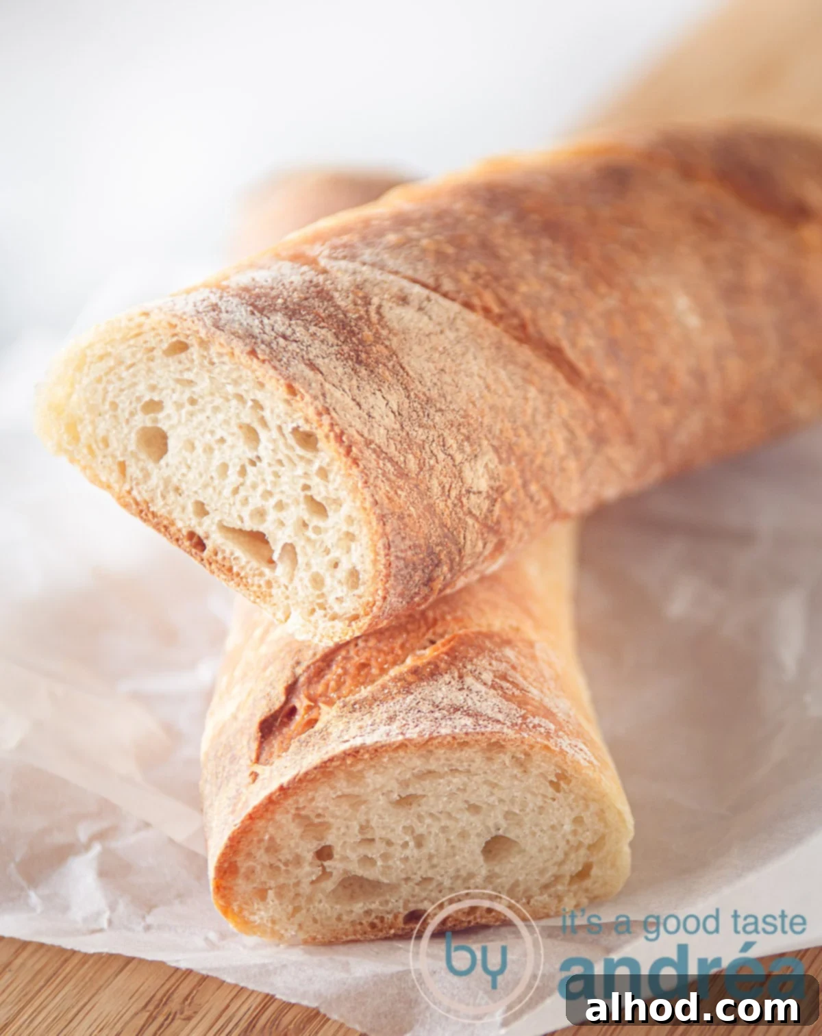 Bake Your Own Baguette 3 two halves of homemade baguette on a wooden board