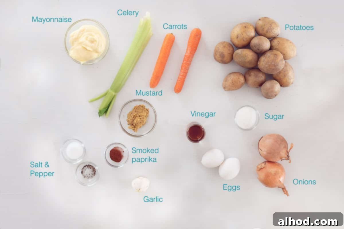 Amish Potato Salad 3 Individual ingredients for Amish Potato Salad, including potatoes, eggs, carrots, celery, onion, mayonnaise, mustard, vinegar, sugar, and smoked paprika, neatly labeled on a white background.