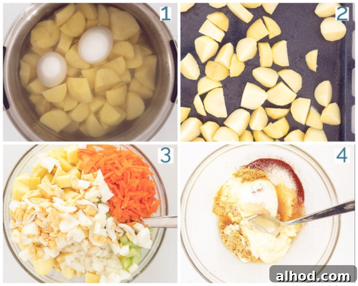 Amish Potato Salad 4 A four-photo collage illustrating the preparation steps of Amish Potato Salad: boiling potatoes and eggs, cooling potatoes, mixing ingredients, and preparing the creamy dressing.
